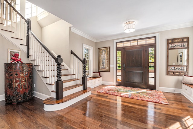 foyer entrance with dark hardwood / wood-style flooring, a wealth of natural light, and ornamental molding