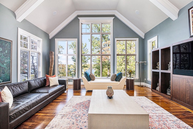 living room featuring hardwood / wood-style flooring and vaulted ceiling