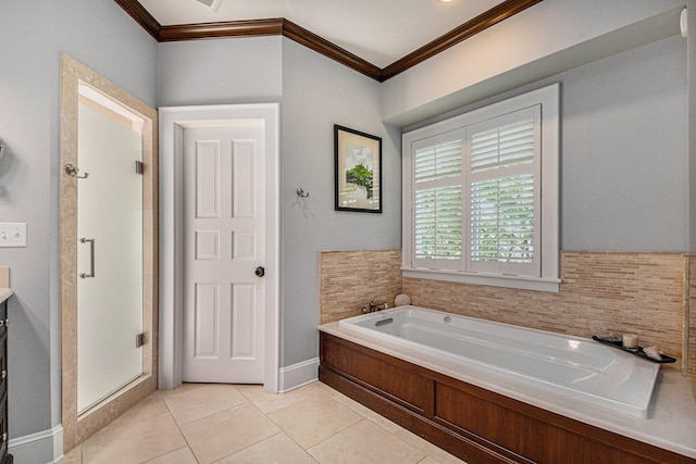 bathroom featuring independent shower and bath, vanity, tile patterned floors, and crown molding