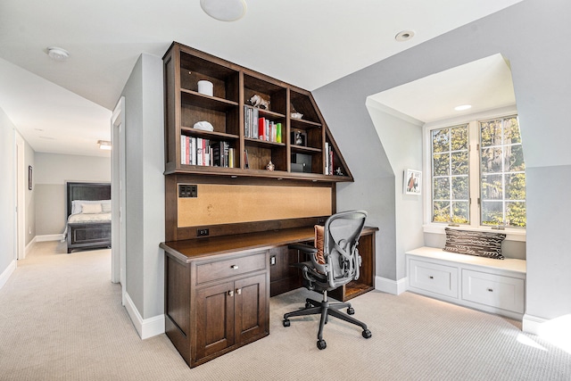 home office featuring light colored carpet