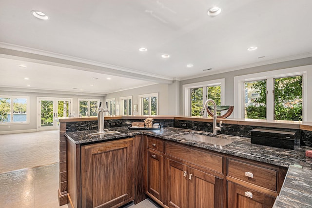 kitchen with crown molding, sink, and dark stone counters