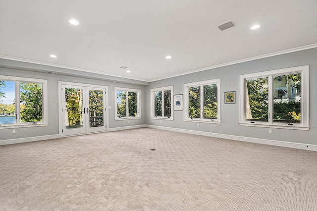 interior space with light carpet and crown molding