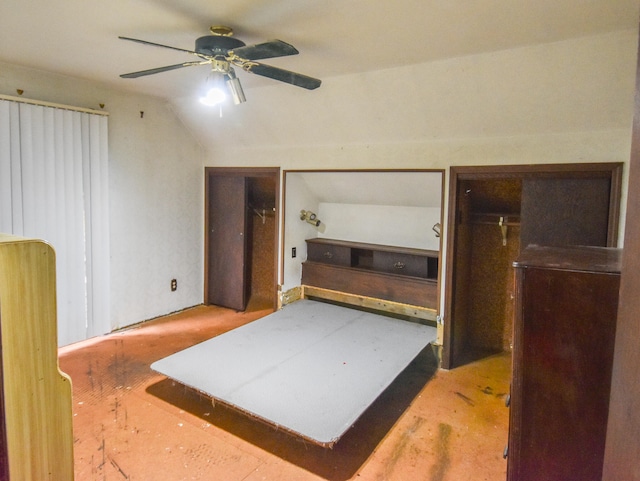 bedroom with lofted ceiling and ceiling fan