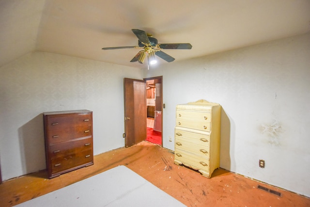 bedroom featuring lofted ceiling and ceiling fan