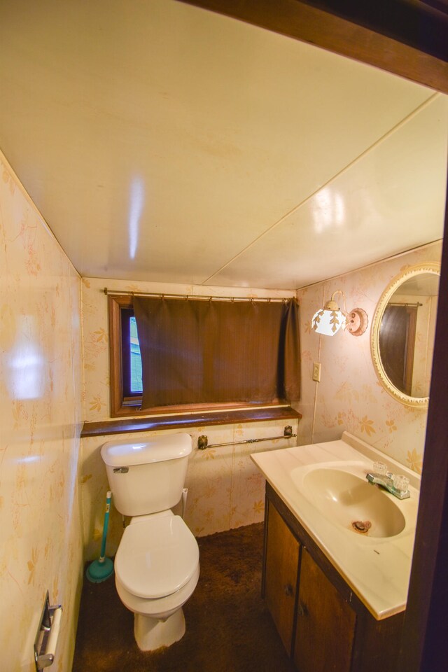 bathroom featuring vaulted ceiling, vanity, and toilet