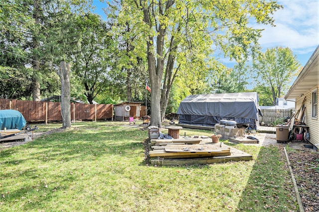 view of yard featuring a storage shed