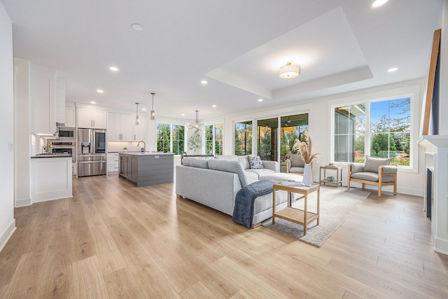 living room with a tray ceiling, a healthy amount of sunlight, and light hardwood / wood-style flooring