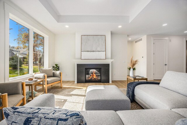 living room with light hardwood / wood-style floors and a tray ceiling