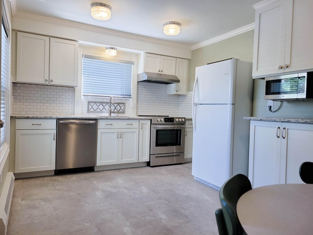 kitchen featuring sink, stainless steel appliances, backsplash, white cabinets, and ornamental molding