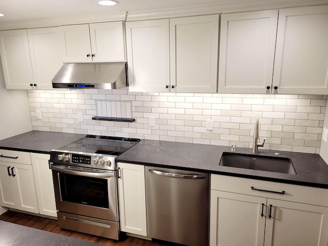 kitchen with sink, backsplash, white cabinetry, exhaust hood, and stainless steel appliances