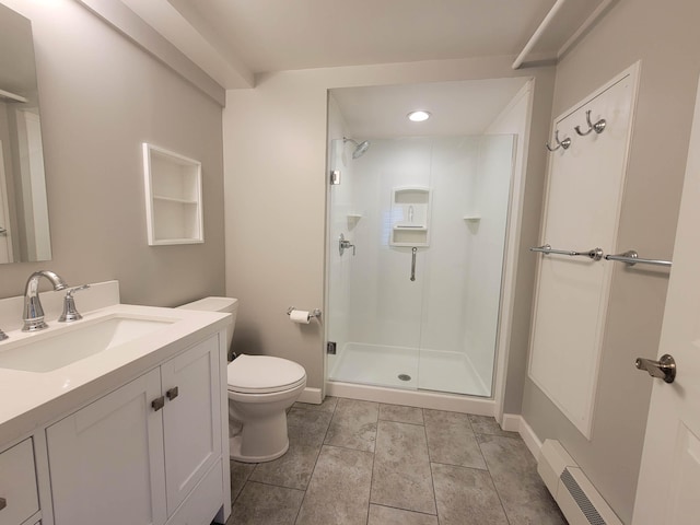 bathroom featuring an enclosed shower, vanity, tile patterned flooring, and toilet