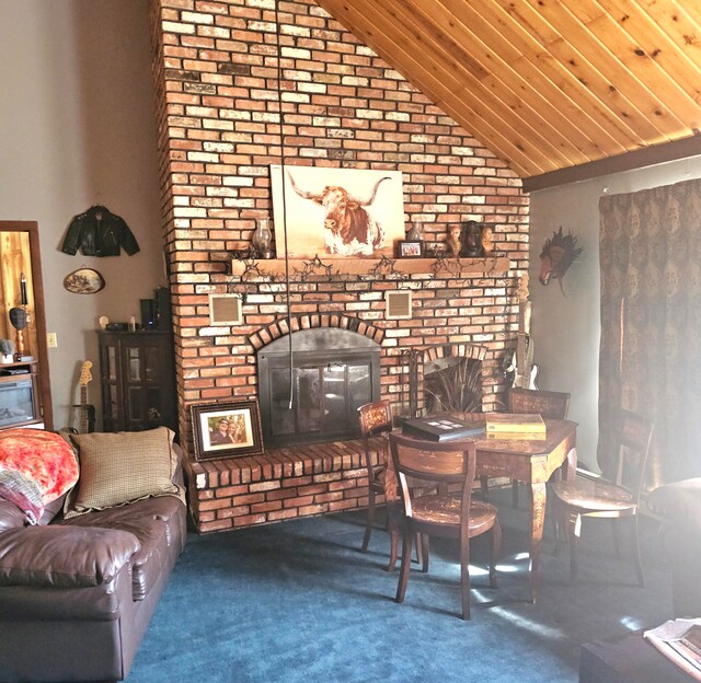 carpeted living room featuring a brick fireplace, lofted ceiling, and wooden ceiling