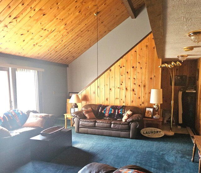 carpeted living room featuring wood walls, wooden ceiling, beam ceiling, and high vaulted ceiling