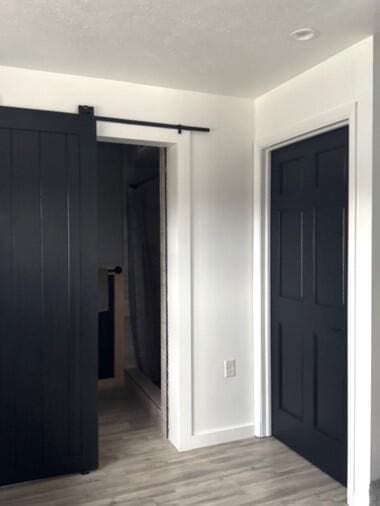 entrance foyer with a barn door and light hardwood / wood-style flooring