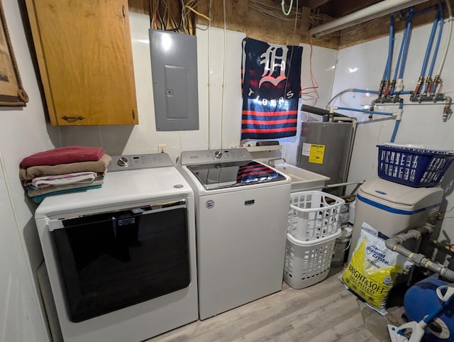 laundry room featuring cabinets, water heater, washing machine and clothes dryer, and electric panel