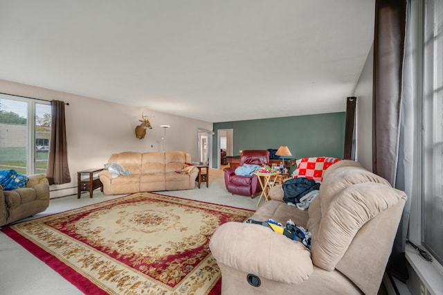 living room featuring a baseboard radiator and carpet flooring