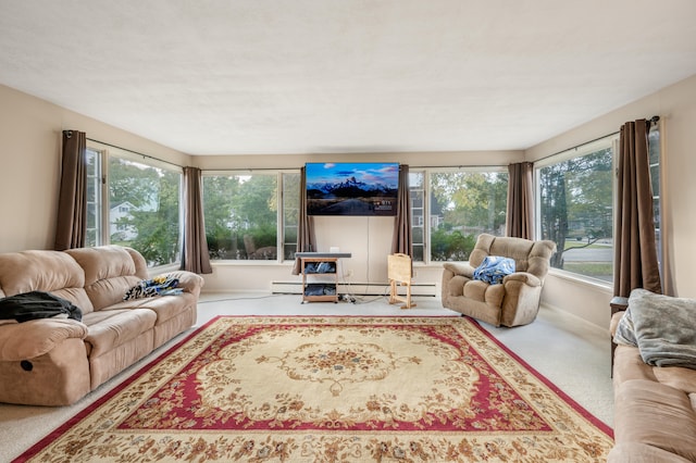 living room featuring a baseboard radiator and carpet