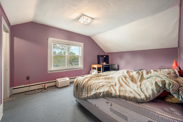 carpeted bedroom with vaulted ceiling and a baseboard heating unit