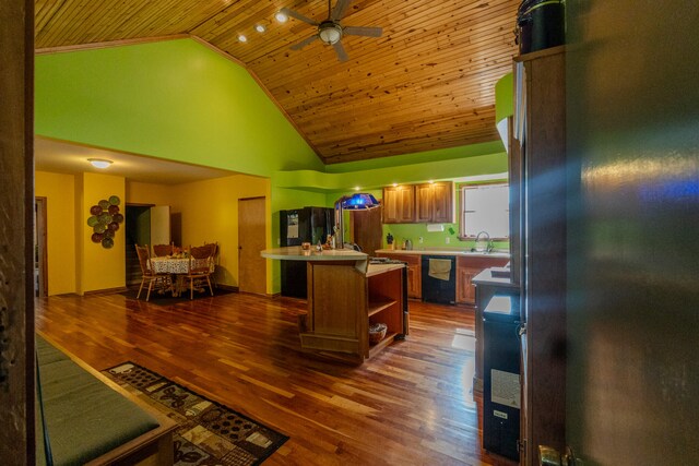 kitchen with black dishwasher, dark hardwood / wood-style flooring, high vaulted ceiling, and wooden ceiling