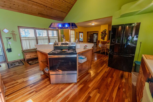 kitchen with high vaulted ceiling, wood-type flooring, wood ceiling, black fridge, and stainless steel electric range oven