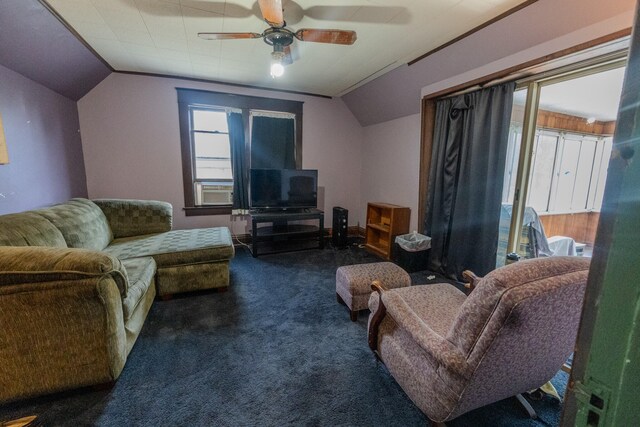 carpeted living room with lofted ceiling, cooling unit, and ceiling fan