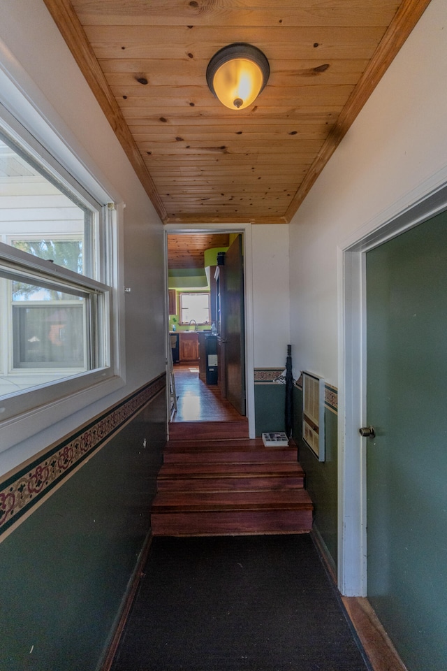 corridor featuring crown molding, wooden ceiling, dark hardwood / wood-style floors, and heating unit