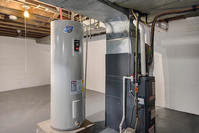 utility room featuring electric water heater and heating unit