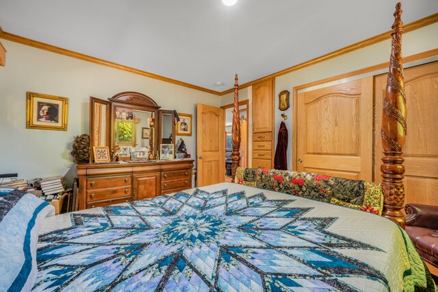 bedroom with ornamental molding and a closet