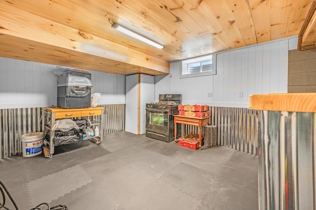 basement featuring wood walls and wood ceiling