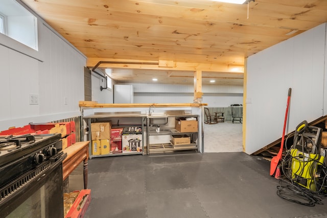 basement featuring wood ceiling