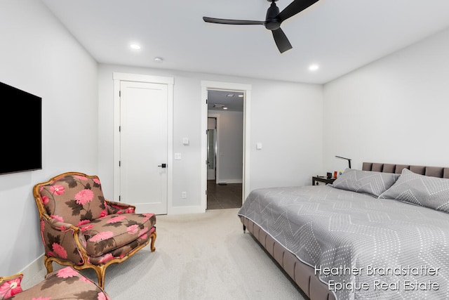 carpeted bedroom with ceiling fan