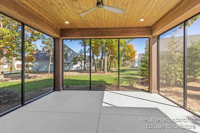 unfurnished sunroom featuring ceiling fan and wood ceiling