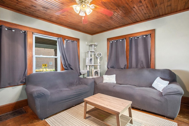 living room featuring crown molding, ceiling fan, wood-type flooring, and wooden ceiling