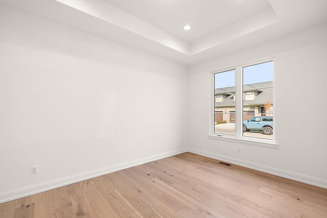 unfurnished room featuring a tray ceiling and light wood-type flooring