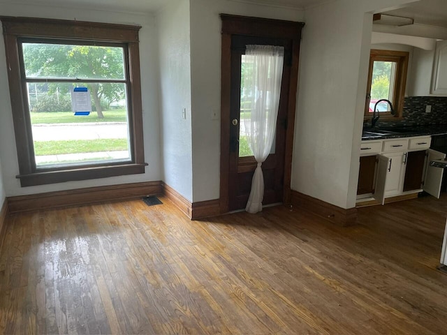 unfurnished dining area featuring light hardwood / wood-style floors, sink, and a wealth of natural light