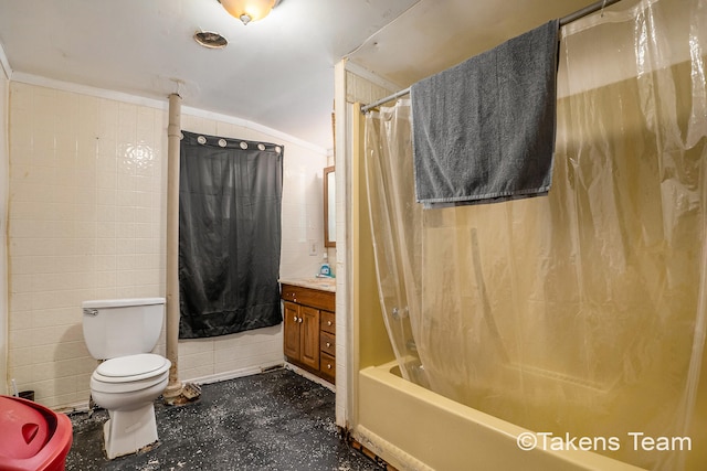 full bathroom with toilet, lofted ceiling, shower / bath combo, and vanity