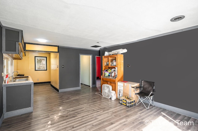 interior space featuring sink, a textured ceiling, and dark hardwood / wood-style flooring