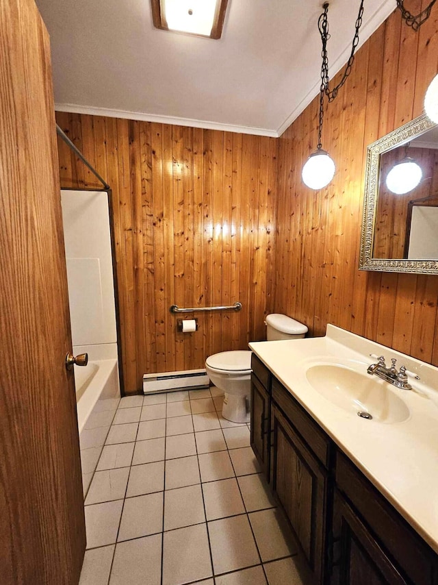 full bathroom featuring crown molding, a baseboard heating unit, toilet, and wood walls