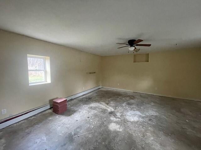 empty room featuring ceiling fan, concrete floors, and a baseboard heating unit