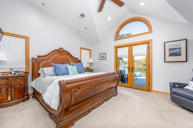 bedroom with high vaulted ceiling, ceiling fan, french doors, light carpet, and access to exterior