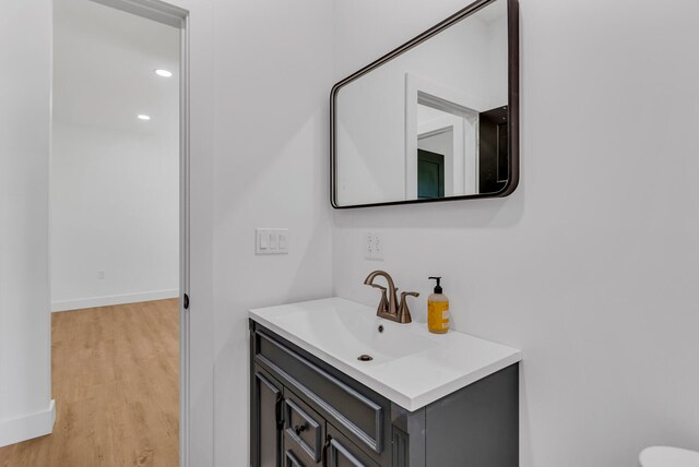 bathroom with wood-type flooring and vanity