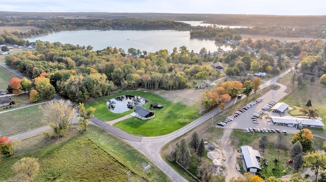 bird's eye view with a water view