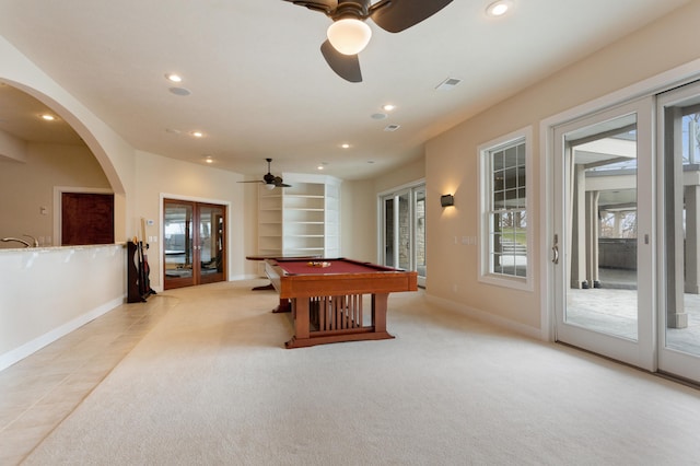 rec room featuring light carpet and billiards