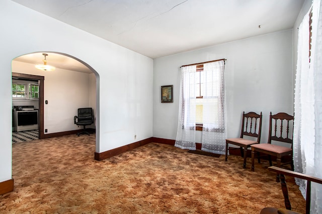 living area featuring dark carpet