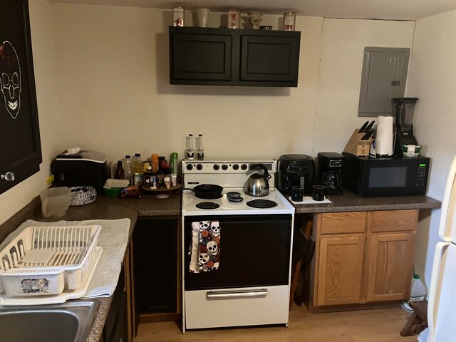 kitchen featuring electric panel, light hardwood / wood-style floors, and white range with electric cooktop