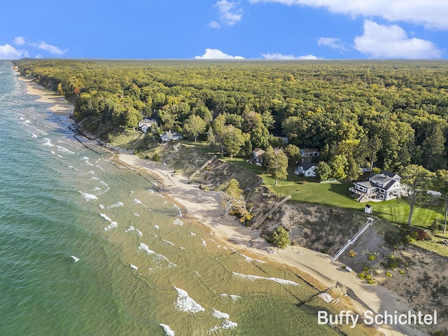 3163 N Scenic Dr, Muskegon, MI 49445 - bird's eye view featuring a water view, a wooded view, and a view of the beach