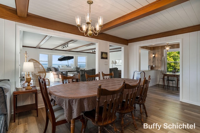 3163 N Scenic Dr, Muskegon, MI 49445 - dining space featuring an inviting chandelier, wood finished floors, and beam ceiling