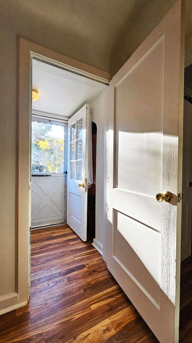 doorway with dark hardwood / wood-style floors