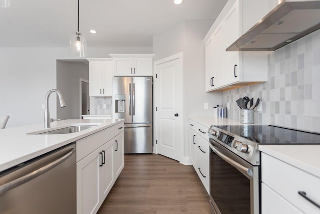 kitchen featuring appliances with stainless steel finishes, light countertops, a sink, and under cabinet range hood