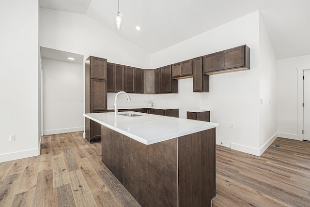 kitchen with pendant lighting, sink, light hardwood / wood-style flooring, and an island with sink